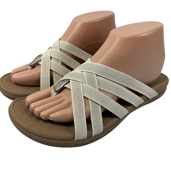 Vionic Shoes - Vionic Tia Womens 8 Champagne Gold Metallic Woven Thong Sandal Stretch Gore